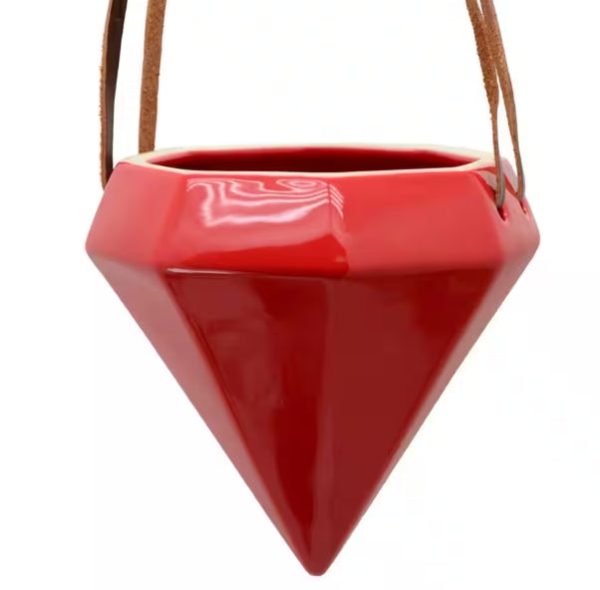 Diamond Shaped Ceramic Hanging Planter - Red- by Arcadia Gardening Products 4.5" tall